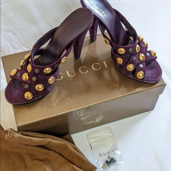 Gucci Purple Suede Babouska Studded Mules Heels Shoes Size 38